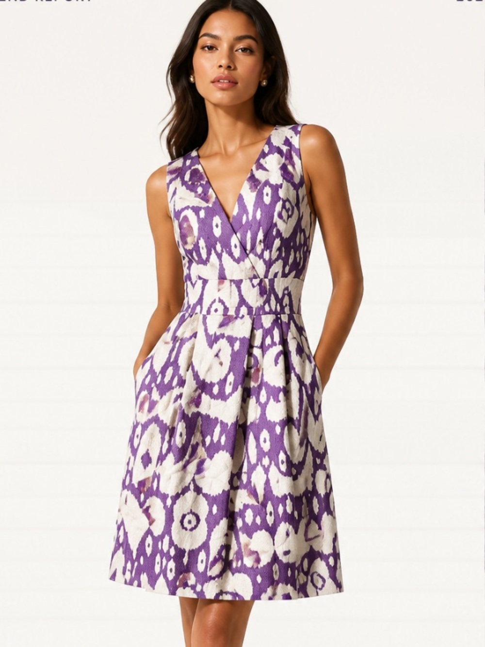 TAYLOR Dress Sleeveless Crossover Purple White Pleated Fit Flair Career NWT